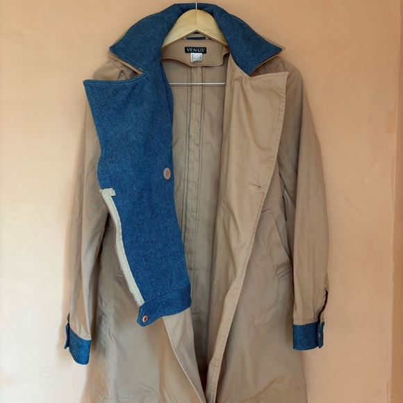 Venus Trench Coat Denim Trim Cotton Sz 4 - Picture 4 of 15